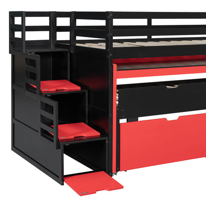 Twin XL Loft Bed with Pull-Out Desk and Twin Trundle, Multi-Functional Bunk Bed with 2 Storage Drawers and Storage Steps, Space-Saving Gaming & Workstation Bedframe, Black+Red image 9