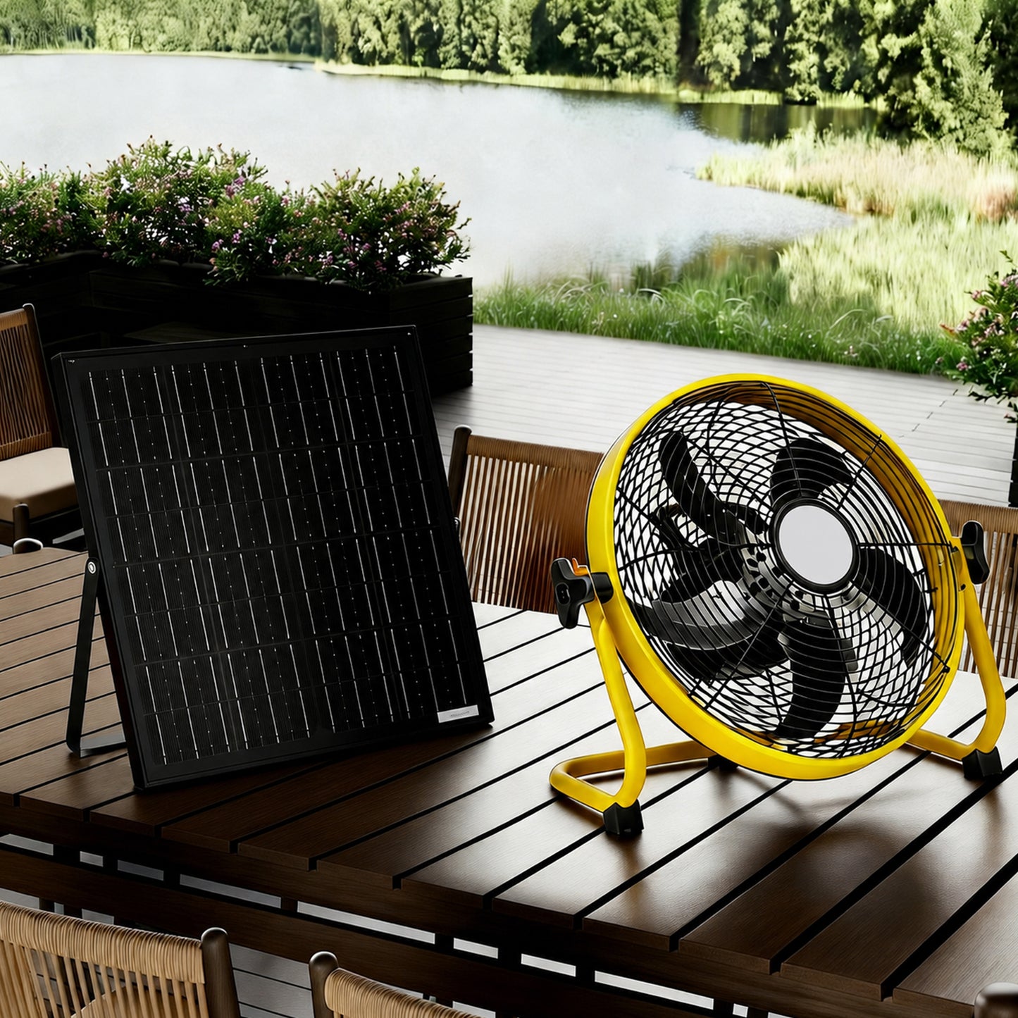 12" Yellow Solar Rechargeable Floor Fan,30W Adjustable Monocrystalline Solar Panel,Built-in 1500mAh Battery,3-Speed Remote Dual Power Fan for Home Room,Backyard Camping & Greenhouse image 1
