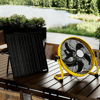 12" Yellow Solar Rechargeable Floor Fan,30W Adjustable Monocrystalline Solar Panel,Built-in 1500mAh Battery,3-Speed Remote Dual Power Fan for Home Room,Backyard Camping & Greenhouse image 1