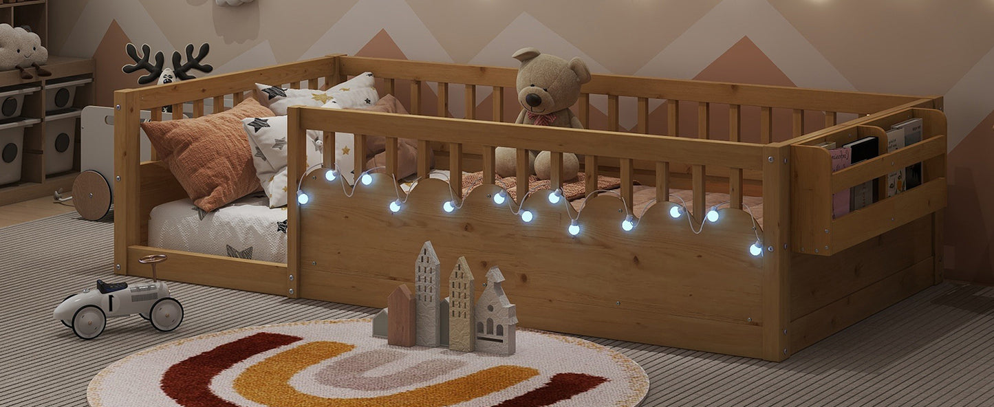 Twin Montessori Floor Bed Frame with High Rails, Wood Kids Floor Beds with Light and Storage Shelf, Natural (Expect Arrival Date 2025/8/15) image 12