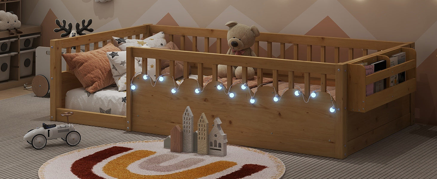Twin Montessori Floor Bed Frame with High Rails, Wood Kids Floor Beds with Light and Storage Shelf, Natural (Expect Arrival Date 2025/8/15) image 12