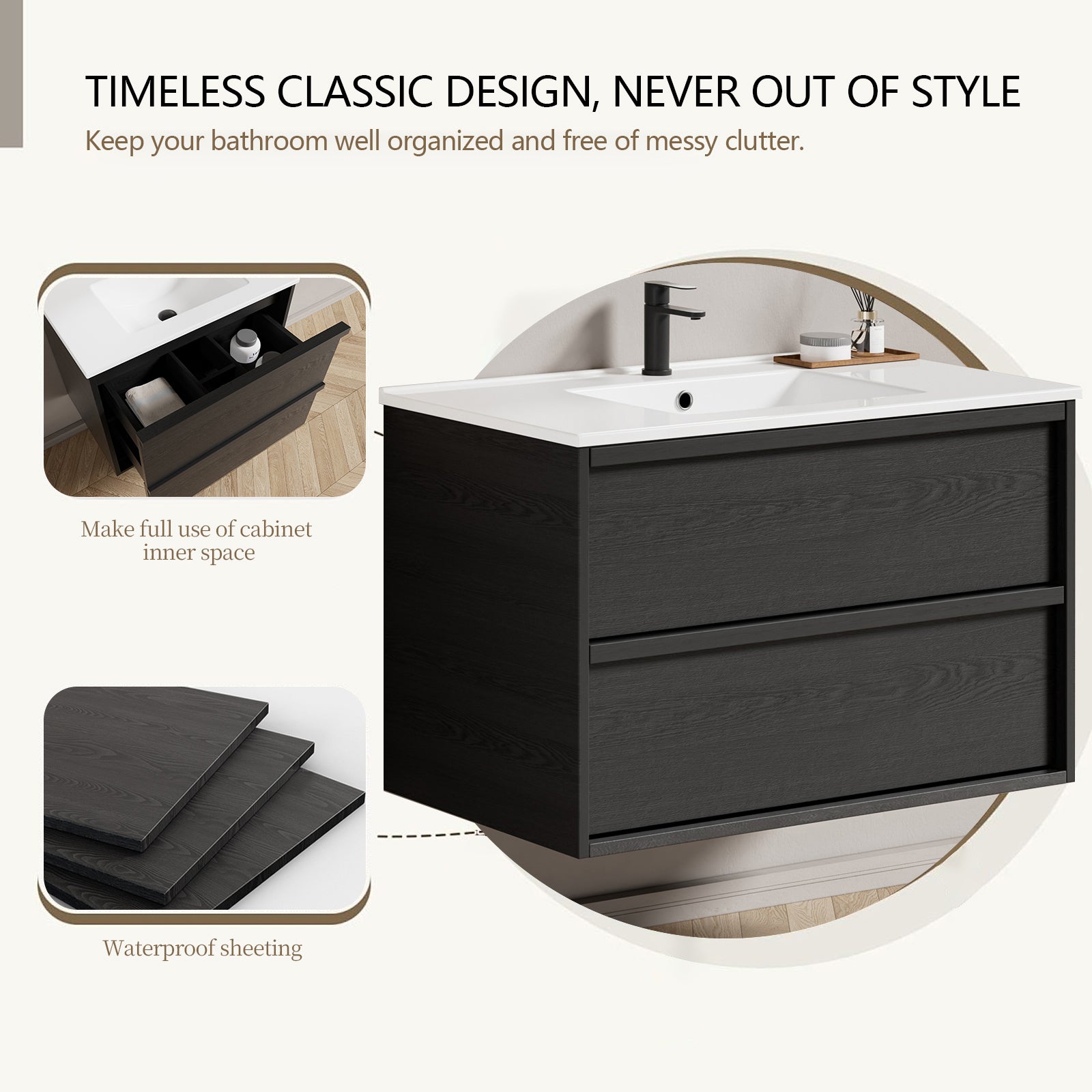 36 Inch Bathroom Vanity Cabinet With Ceramic Sink - Gray Wall Mounted Floating Fluted Vanity With Drawers, Modern image 5