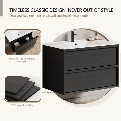 36 Inch Bathroom Vanity Cabinet With Ceramic Sink - Gray Wall Mounted Floating Fluted Vanity With Drawers, Modern image 5