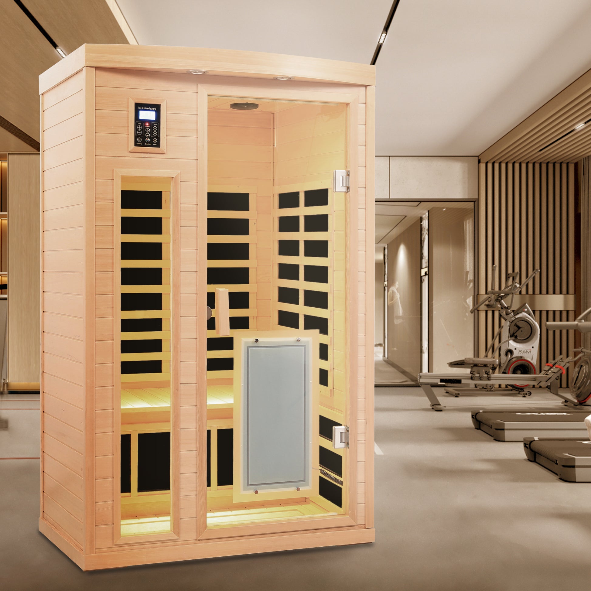 Low EMF, There is also a heating plate on the glass door, Hemlock wood Far-infrared indoor Two person sauna room image 2