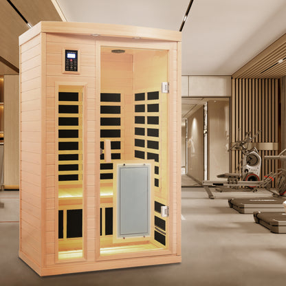 Low EMF, There is also a heating plate on the glass door, Hemlock wood Far-infrared indoor Two person sauna room image 2