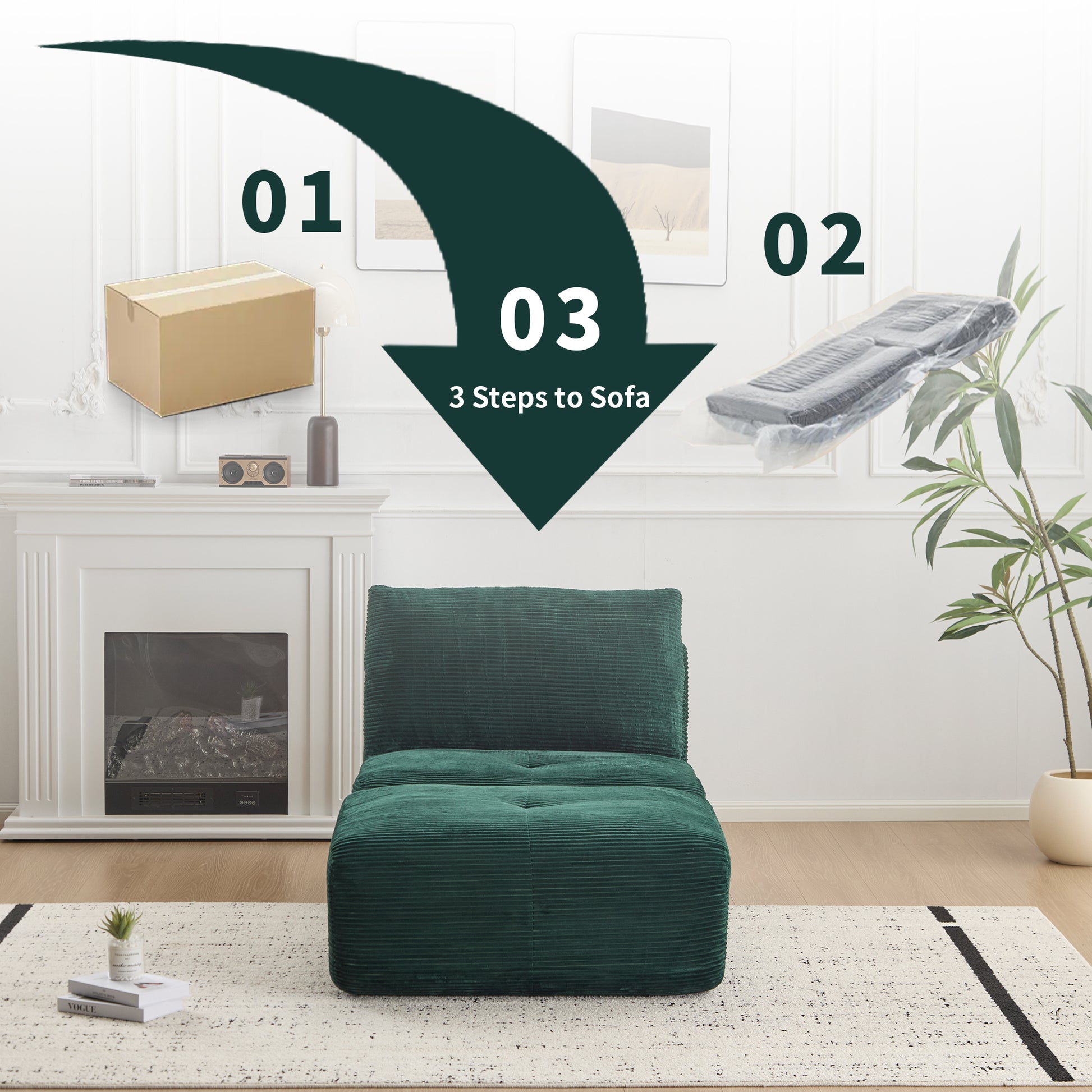 Modern Memory Foam Compressed Sofa,Single Chaise Longue for Living Room,Pet-Friendly Cloud Modular Sectional Sofa,Corduroy Fabric,Movable Ottoman,No Assembly required,Green image 6