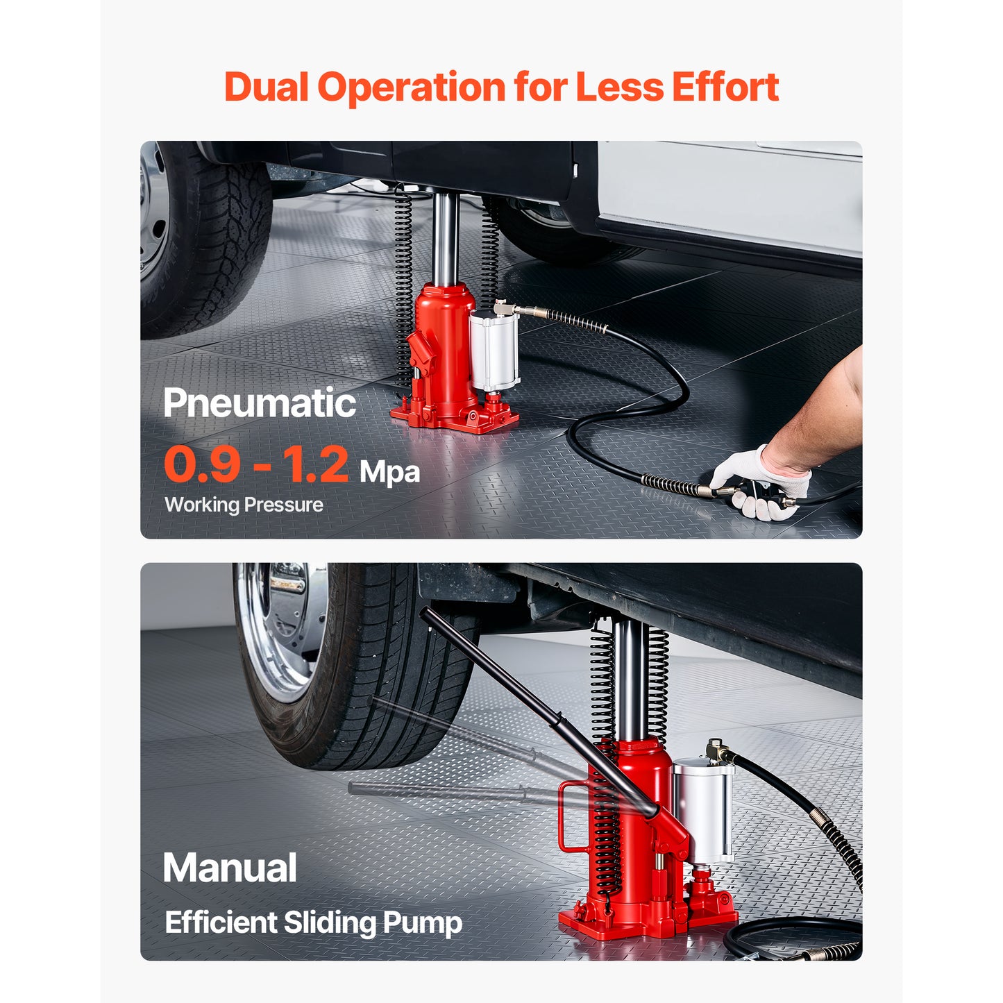 Air Hydraulic Bottle Jack, 20 Ton (44092 lbs) Capacity, 10.2-19.5 Inch Lifting Range, Pneumatic/Manual Heavy Duty Welded Bottle Jack with Pump for Car, SUV, Pickup, Truck, RV, Auto Repair, Red image 9