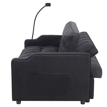1 multifunctional foldable sofa bed with 3 different lengths, modern sofa, upgraded suede fabric, adjustable backrest, Black color with USB port and rotating telephone stand image 5