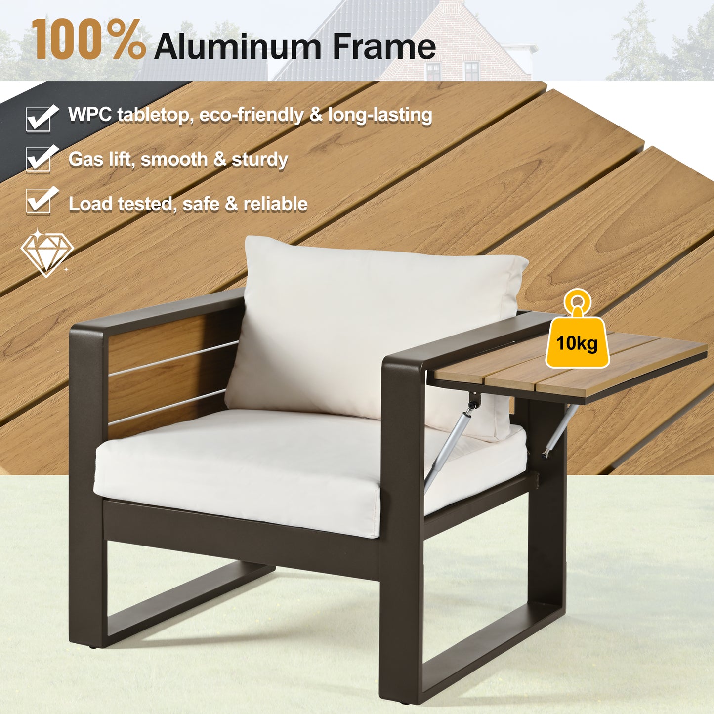 Aluminum Frame Large 4-Piece Outdoor Patio Furniture Set for 5 Person, 3-Seater Sofa, 2 Armchairs with Fold-Out Side Tables, Modern Garden/Patio Seating, All-Weather Use, Beige Cushions image 6