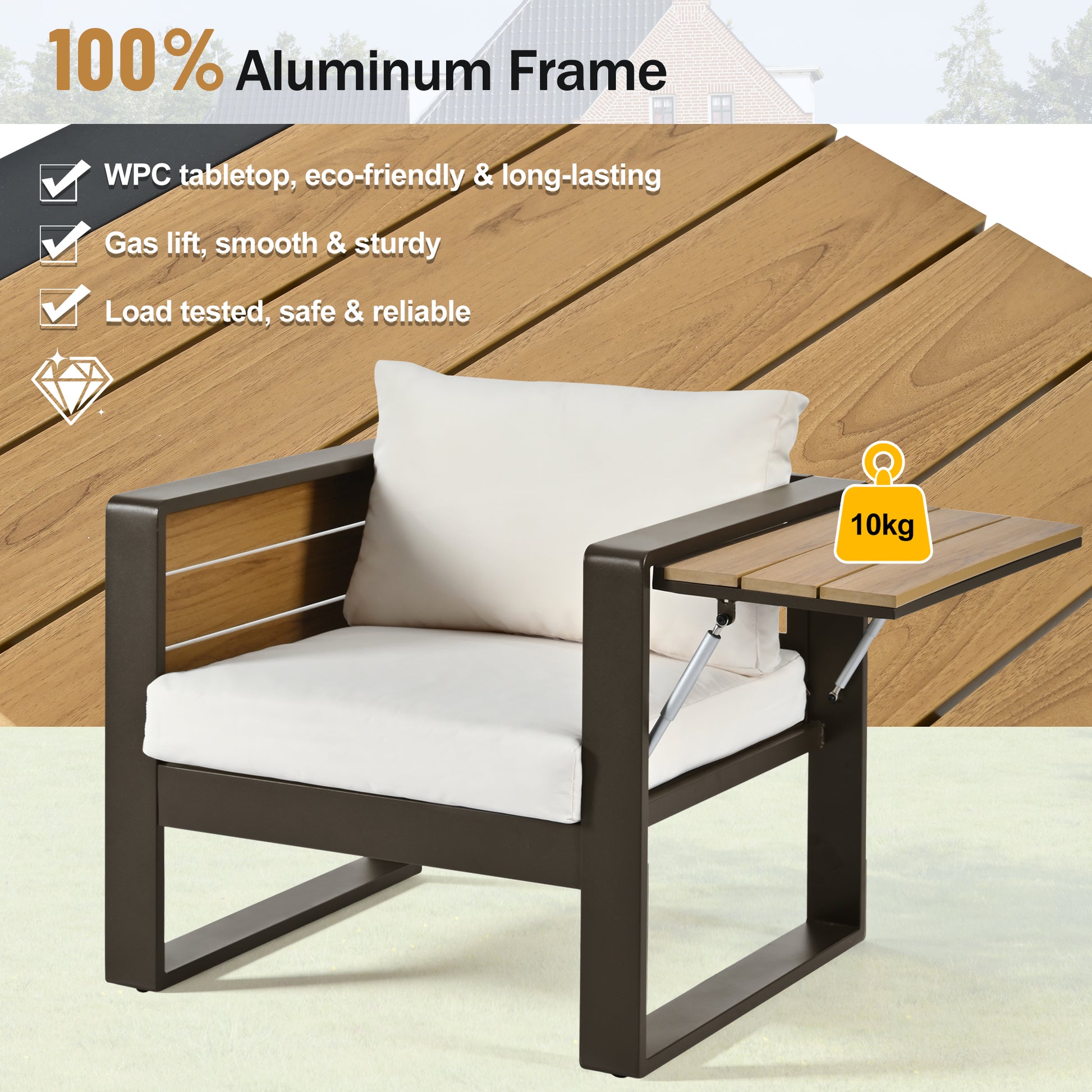 Aluminum Frame Large 4-Piece Outdoor Patio Furniture Set for 5 Person, 3-Seater Sofa, 2 Armchairs with Fold-Out Side Tables, Modern Garden/Patio Seating, All-Weather Use, Beige Cushions image 6