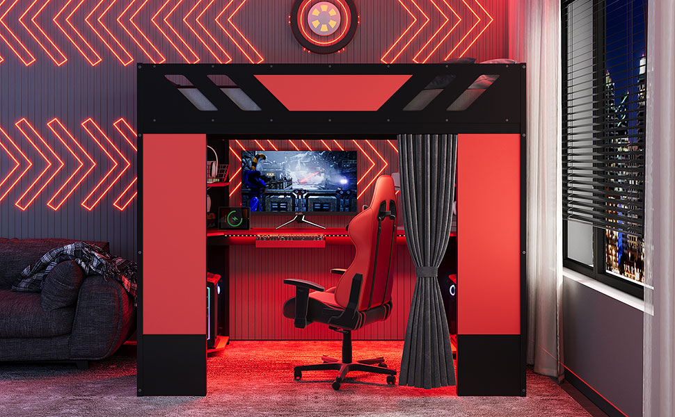 Full Size Wood Loft Bed with,Shelves,Blackout Curtains,and RGB Lights,Black+Red image 3