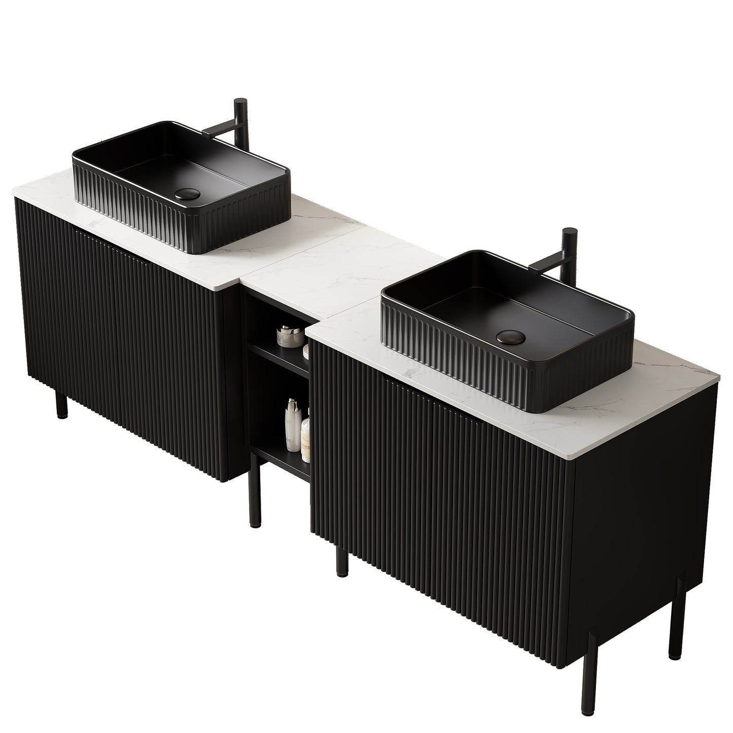 TURIO 72" Freestanding Double Bathroom Vanity with Sinks, 2x30" Striped Storage Cabinets + 12" Removable Open Shelf, 2 Black Striped Rectangle Vessel Basins with Carrara White Countertop, Black image 4
