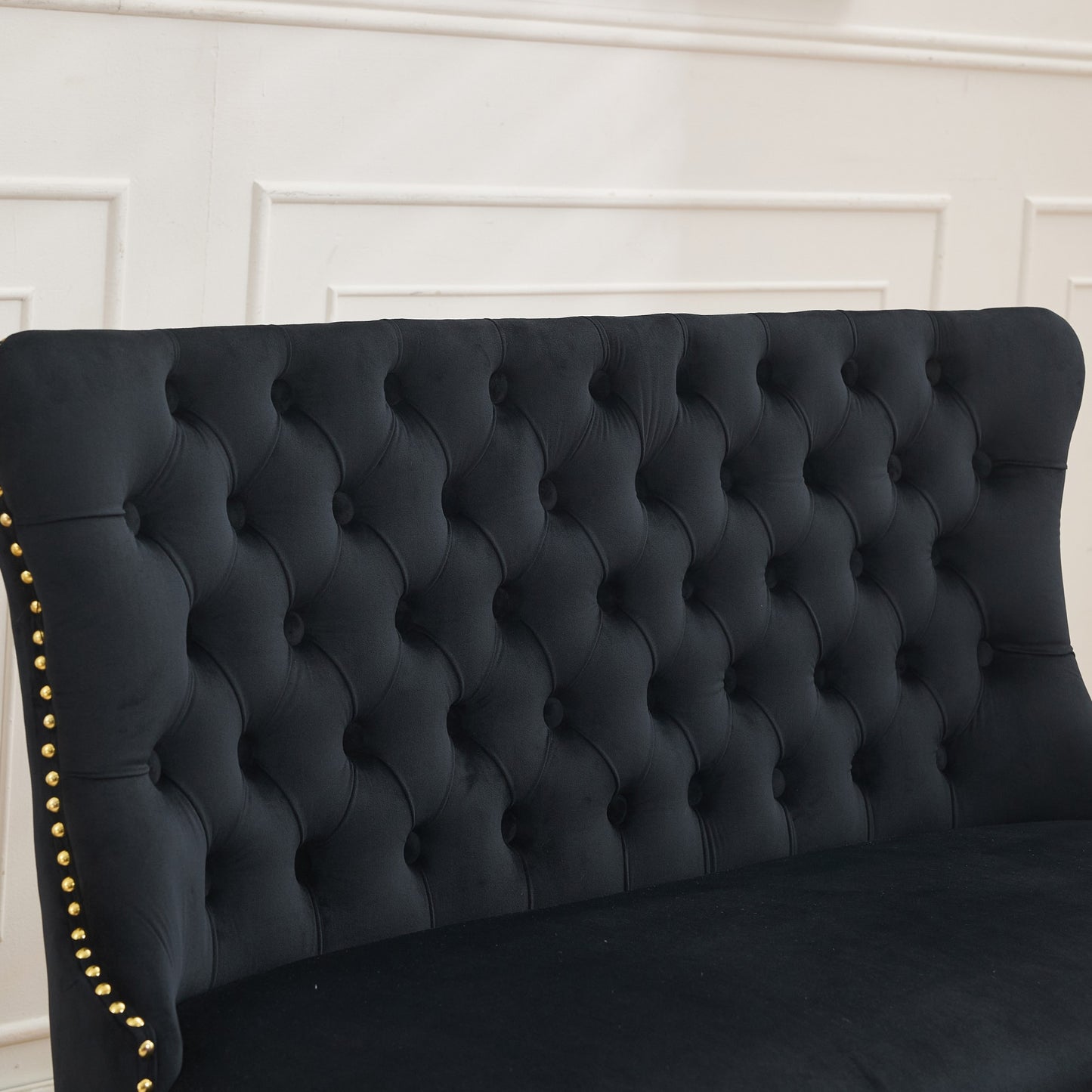 Velvet Double Dining Loveseat Bench, Kitchen & Dining Seating, 2-Seat Tufted Bench w/Handmade Buttons, Wing Back, Gold-Plated Steel Legs, Mid Century Modern,Single Pack,Black,SW1602BK image 10