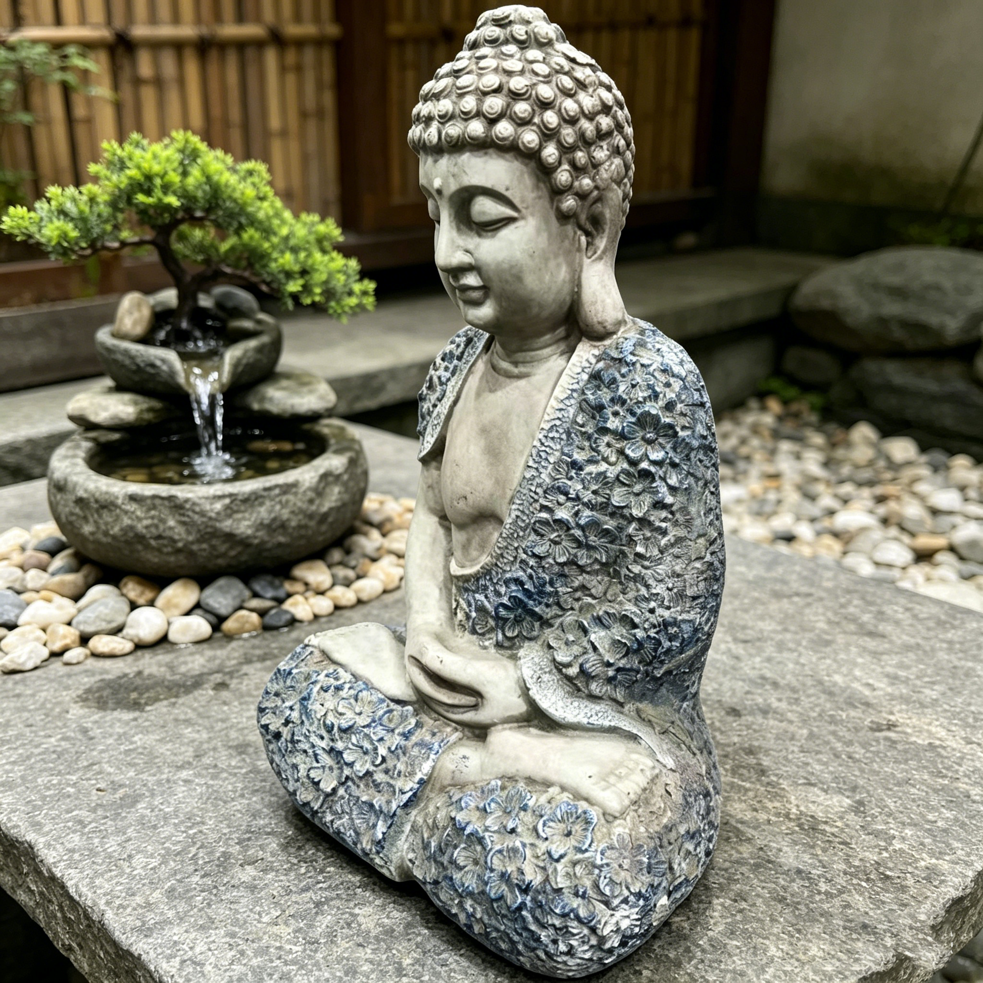 16'' Weatherproof Resin Buddha Garden Statue, Blue Floral Accent Meditating Buddha Figurine, Outdoor Zen Decor for Patio, Yard, Lawn & Landscape image 11