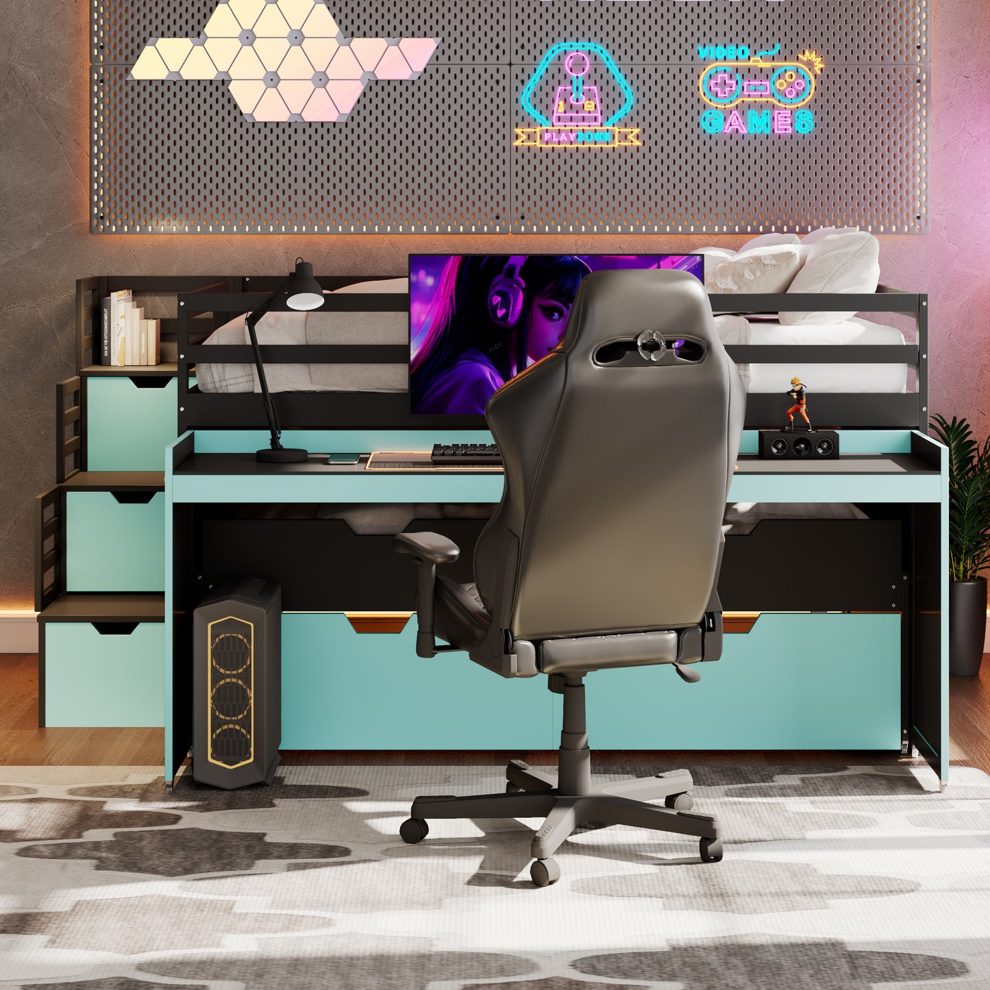 Full XL Loft Bed with Pull-Out Desk and Twin Trundle, Multi-Functional Bunk Bed with 2 Storage Drawers and Storage Steps, Space-Saving Gaming & Workstation Bedframe, Black+Blue image 6