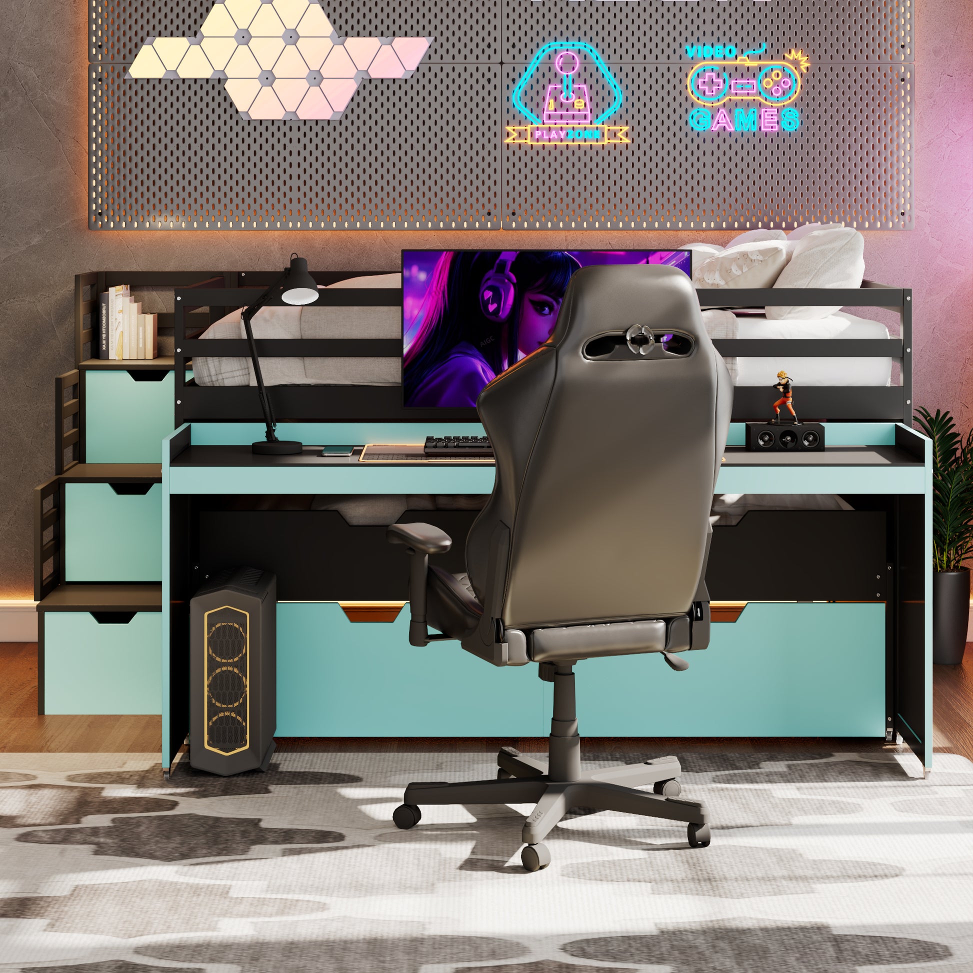 Full XL Loft Bed with Pull-Out Desk and Twin Trundle, Multi-Functional Bunk Bed with 2 Storage Drawers and Storage Steps, Space-Saving Gaming & Workstation Bedframe, Black+Blue image 6