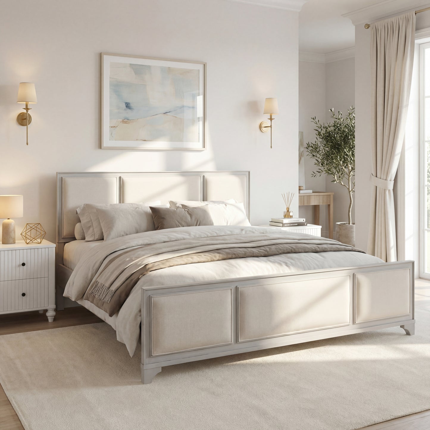 King Size Bed Frame with Upholstered Headboard, White Solid Wood & Beige Fabric, No Box Spring Needed, Modern Farmhouse Style image 4