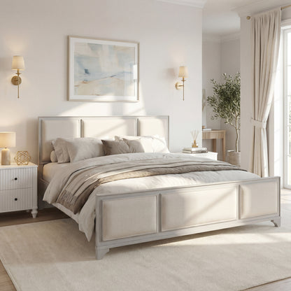 King Size Bed Frame with Upholstered Headboard, White Solid Wood & Beige Fabric, No Box Spring Needed, Modern Farmhouse Style image 4