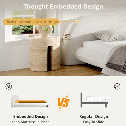 California King Size Bed Frame with Boucle Fabric, Upholstered Platform Bed with Curve-Shaped Design & Thick Headboard, White image 4
