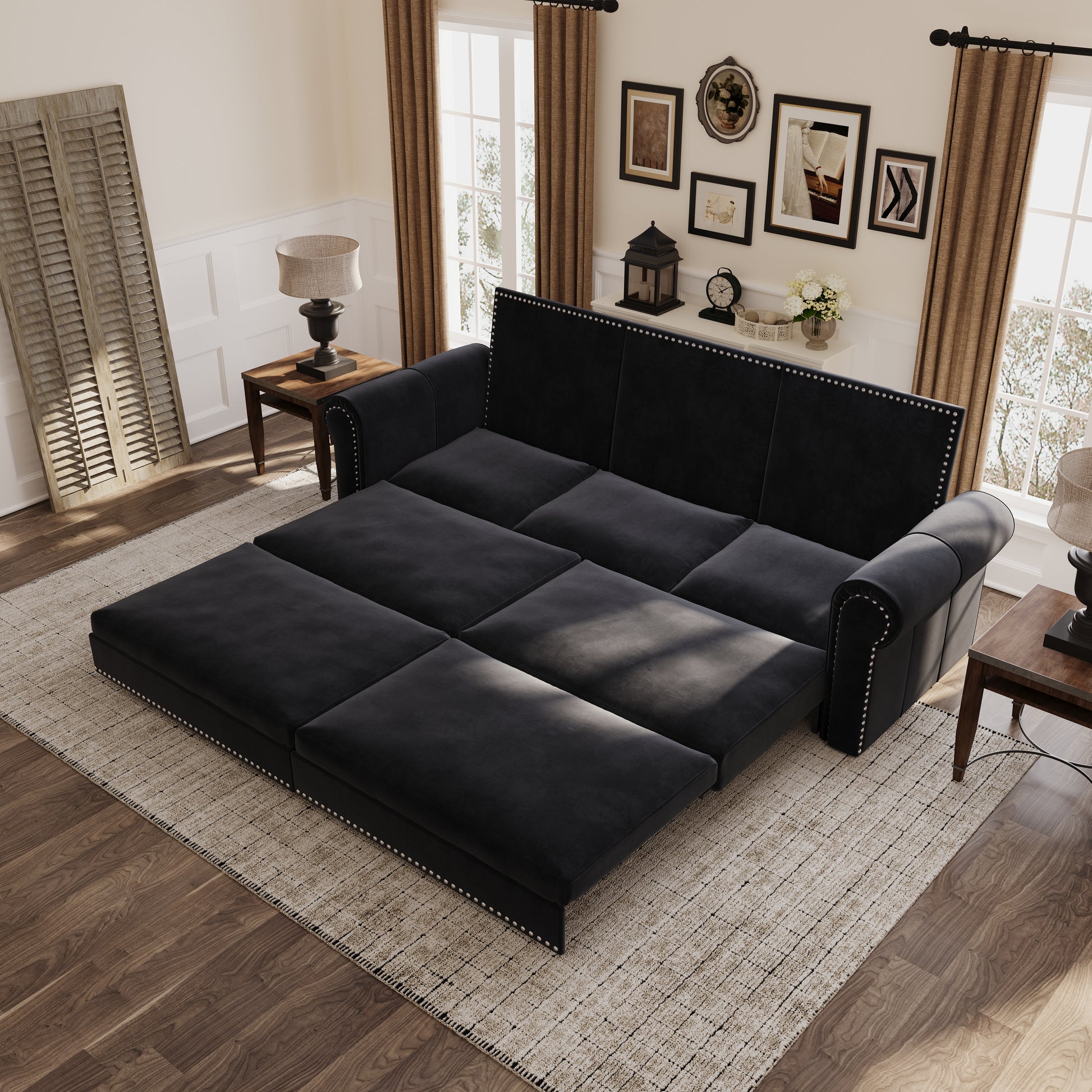 Chesterfield Sofa,93.7" King Pull Out Sofa Bed,3-in-1 Velvet Convertible Sleeper Sofa with Nailhead Trim & Rolled Arm,Multi-Functional Sofa Bed for Black (Old sku:W1885S00039/W1885S00100) image 2