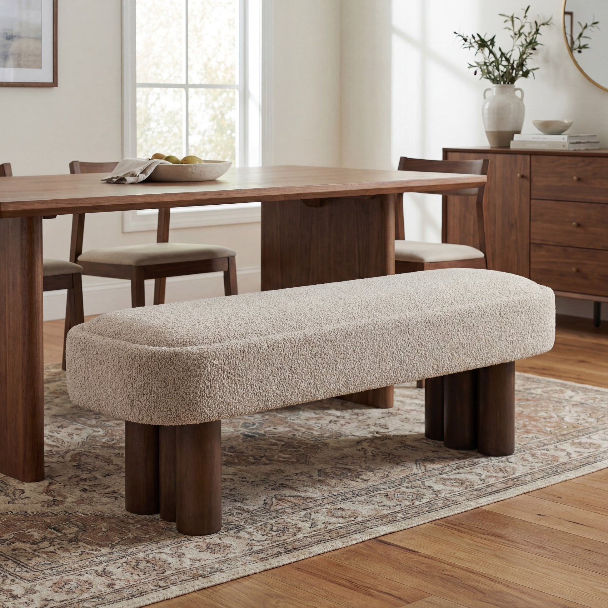 Indoor Khaki Boucle Dining Bench with Walnut Color Legs, 60.04'L Upholstered Seating for Kitchen, Dining Room and Living Space,250lbs Capacity image 1