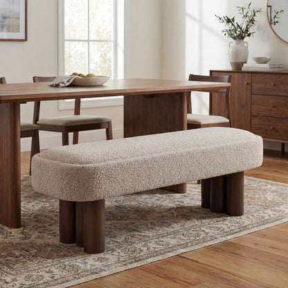 Indoor Khaki Boucle Dining Bench with Walnut Color Legs, 60.04'L Upholstered Seating for Kitchen, Dining Room and Living Space,250lbs Capacity image 1