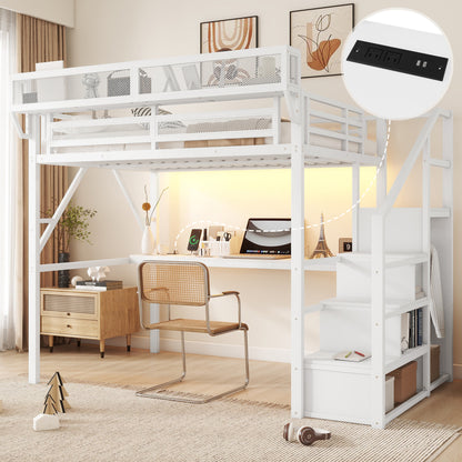 Full Loft Bed with Desk and Charging Station, Full Size Metal Loft Bed with Stairs and Light for Kids Teens,White(Expect Arrival Date 2026/3/7) image 2