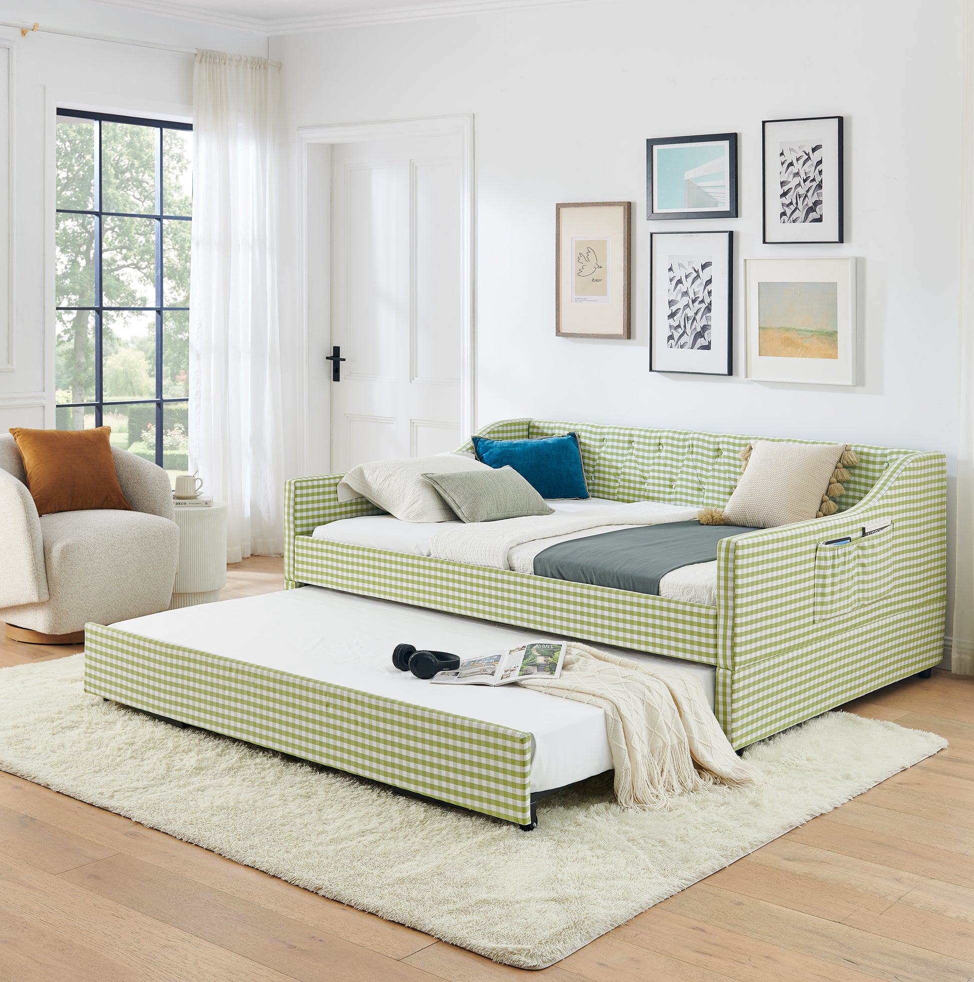 Full‑Size Daybed,Upholstered Convertible Daybed with Tufted Button Backrest, 3‑in‑1 Versatile Sofa Bed with Pull‑Out Trundle & Side Storage, Perfect for Compact Living-Green image 3