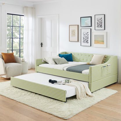 Full‑Size Daybed,Upholstered Convertible Daybed with Tufted Button Backrest, 3‑in‑1 Versatile Sofa Bed with Pull‑Out Trundle & Side Storage, Perfect for Compact Living-Green image 3