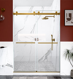56"-60"W x 80"H Frameless Double Sliding Shower Door, 3/8 inches (10mm) Thick SGCC Tempered Glass Door, Brushed Gold image 2