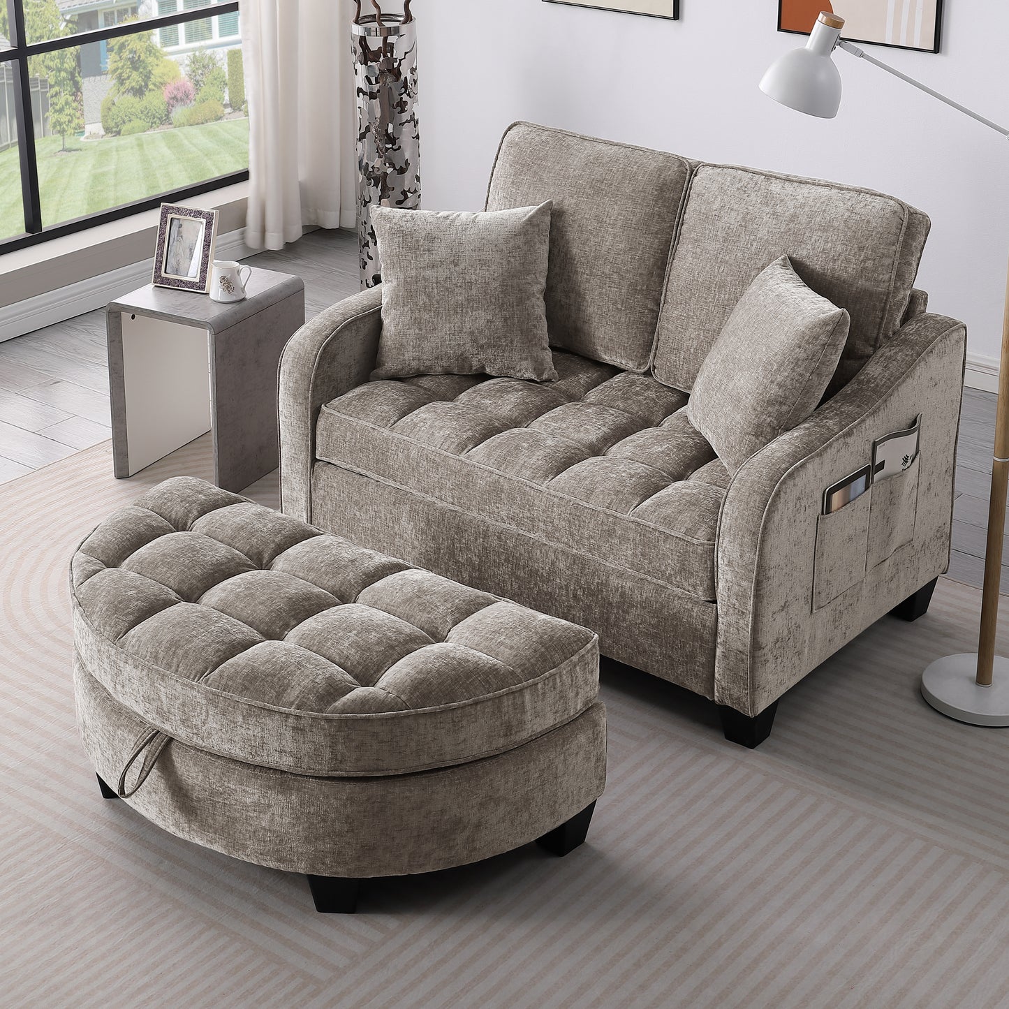 Two-seater sofa, double sofa chaise longue, with irregular armrests and backrests, footrest with storage space, comes with two small throw pillows, suitable for living room and bedroom - Brown image 3