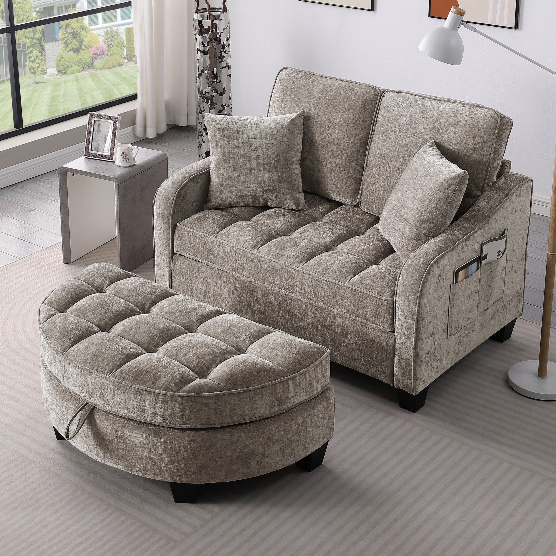 Two-seater sofa, double sofa chaise longue, with irregular armrests and backrests, footrest with storage space, comes with two small throw pillows, suitable for living room and bedroom - Brown image 3