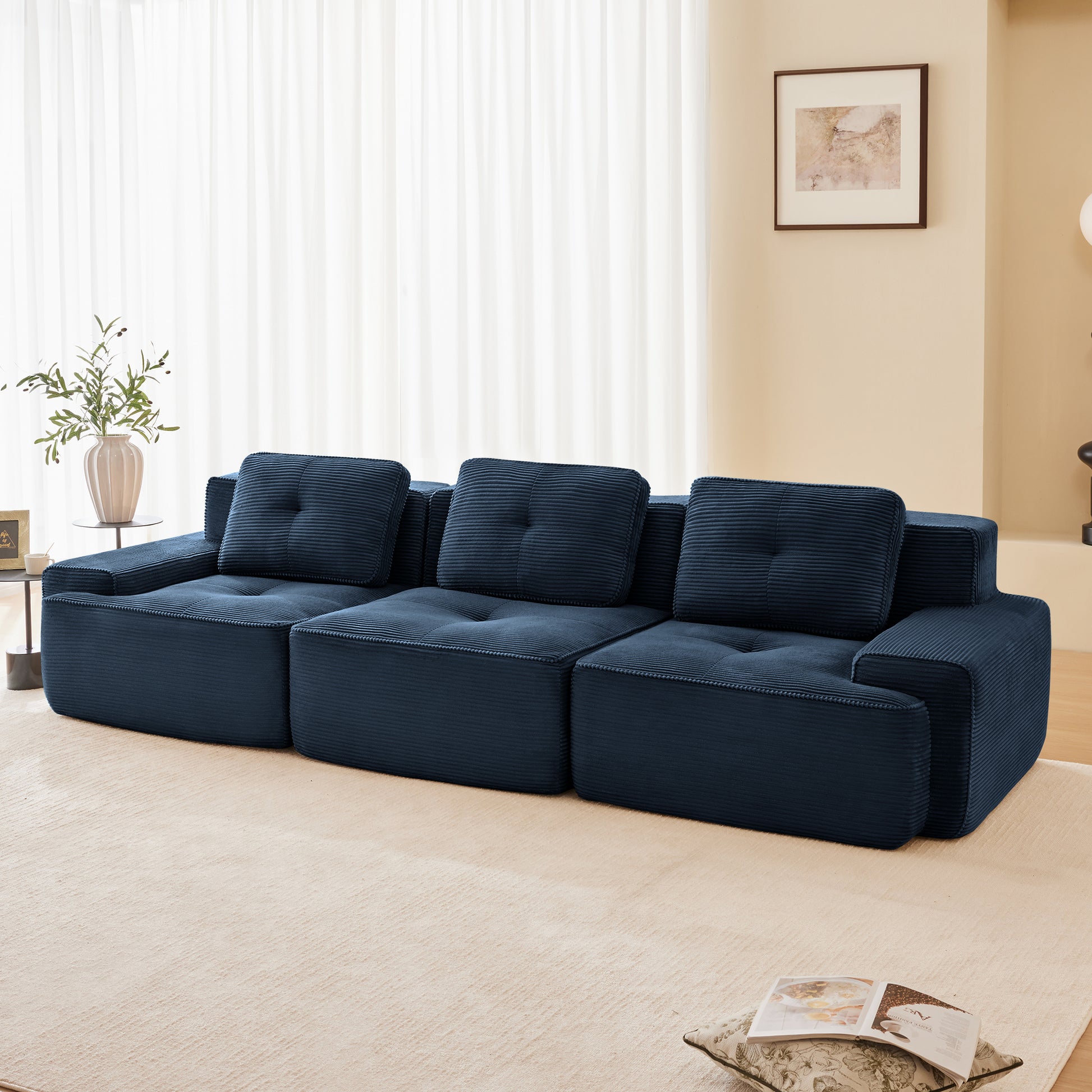 117" Modern Modular Sectional Sofa for Living Room, Corduroy Fabric,Oversized 3-Seater Couch with Deep Seat, Pearl-like piping, Tufted Design,Buckle connection,No Assembly,Anti-slip Design,Blue image 2