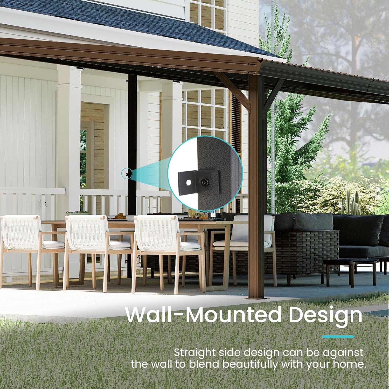 12x20FT Lean to Gazebo, Outdoor Hardtop Wall Mounted Gazebo with Sloping Galvanized Steel Roof, Upgraded Heavy Duty Mounted Shelter with Drainage System for Deck, Porch, Backyard,Brown image 8