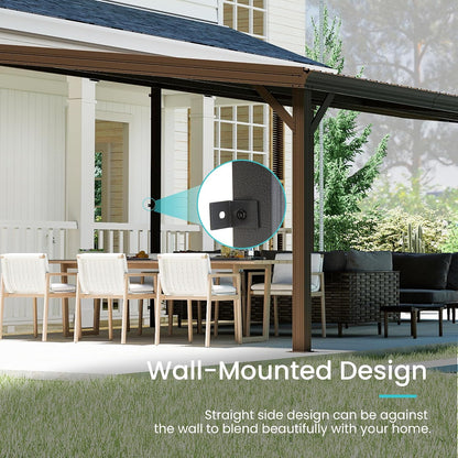12x20FT Lean to Gazebo, Outdoor Hardtop Wall Mounted Gazebo with Sloping Galvanized Steel Roof, Upgraded Heavy Duty Mounted Shelter with Drainage System for Deck, Porch, Backyard,Brown image 8