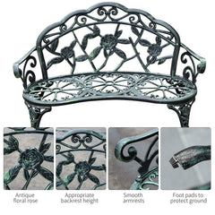 Outsunny Outdoor Bench, Cast Aluminum Outdoor Furniture, Metal Bench with Floral Rose Accent & Antique Finish, Green