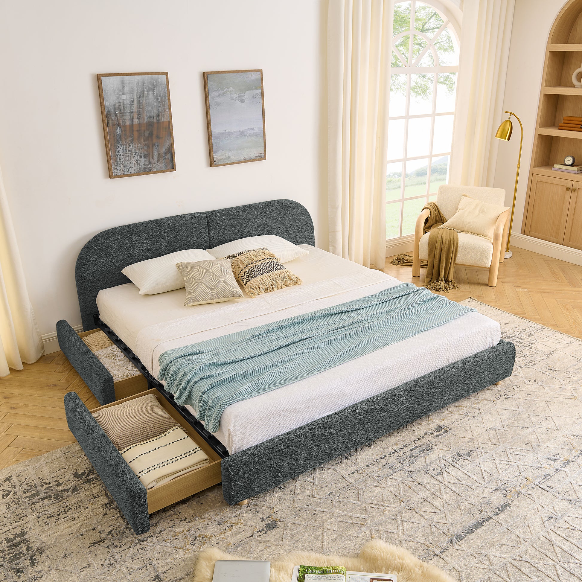 King Size Upholstered Bed Frame Modern Minimalist Style - Circle Yarn Fabric, Tall Curved Headboard, Sturdy Leg Support & Wheeled Drawer Storage, Mattress Not Included - Dark Gray image 3