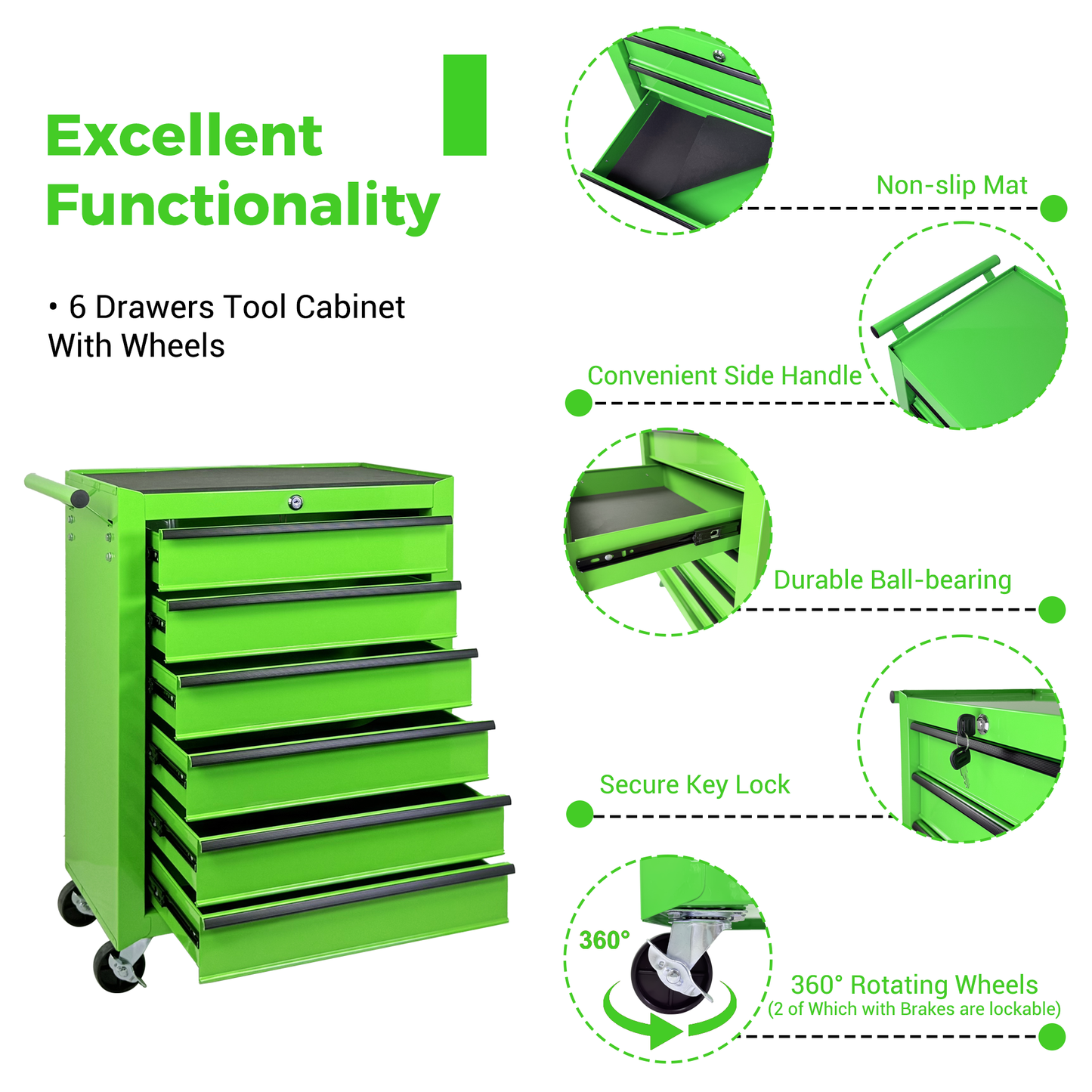 Rolling Metal Tool Chest with 6 Drawers, 20" 6-Drawer Tool Chest Cabinet with Ball Bearing Drawer Slides, Steel Tool Storage Box Organizer -GREEN image 8