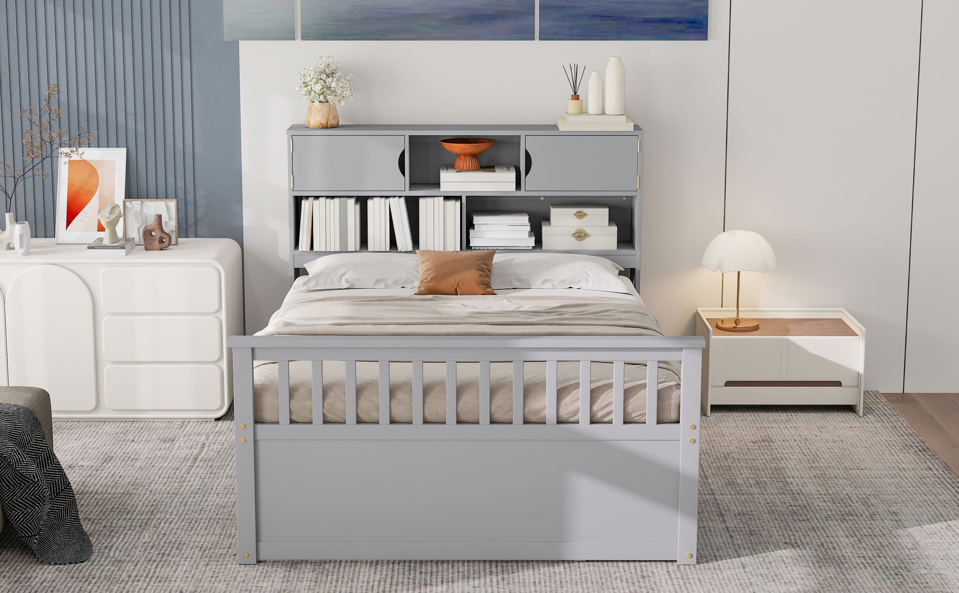 Full Size Captain Platform Bed Frame with Storage Bookcases and Shelves,Four Drawers,Gray image 12