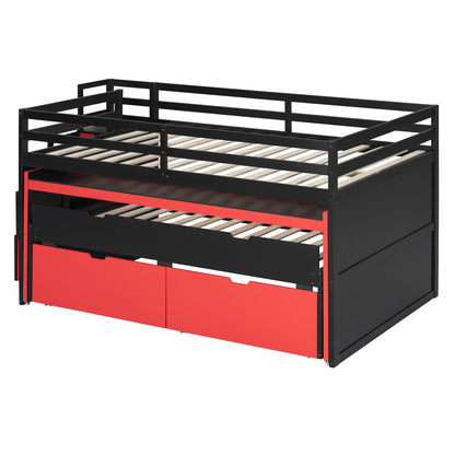 Full XL Loft Bed with Pull-Out Desk and Twin Trundle, Multi-Functional Bunk Bed with 2 Storage Drawers and Storage Steps, Space-Saving Gaming & Workstation Bedframe, Black+Red image 11