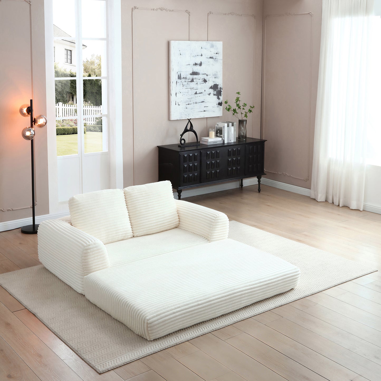 2-in-1 Folding Convertible Sofa Bed, Modern Corduroy Sleeper Couch with 2*pillows, Futon Modular Upholstered Boneless Loveseat with Pull-Out Bed,Folding Floor Modular Couch for Living Room Beige image 4