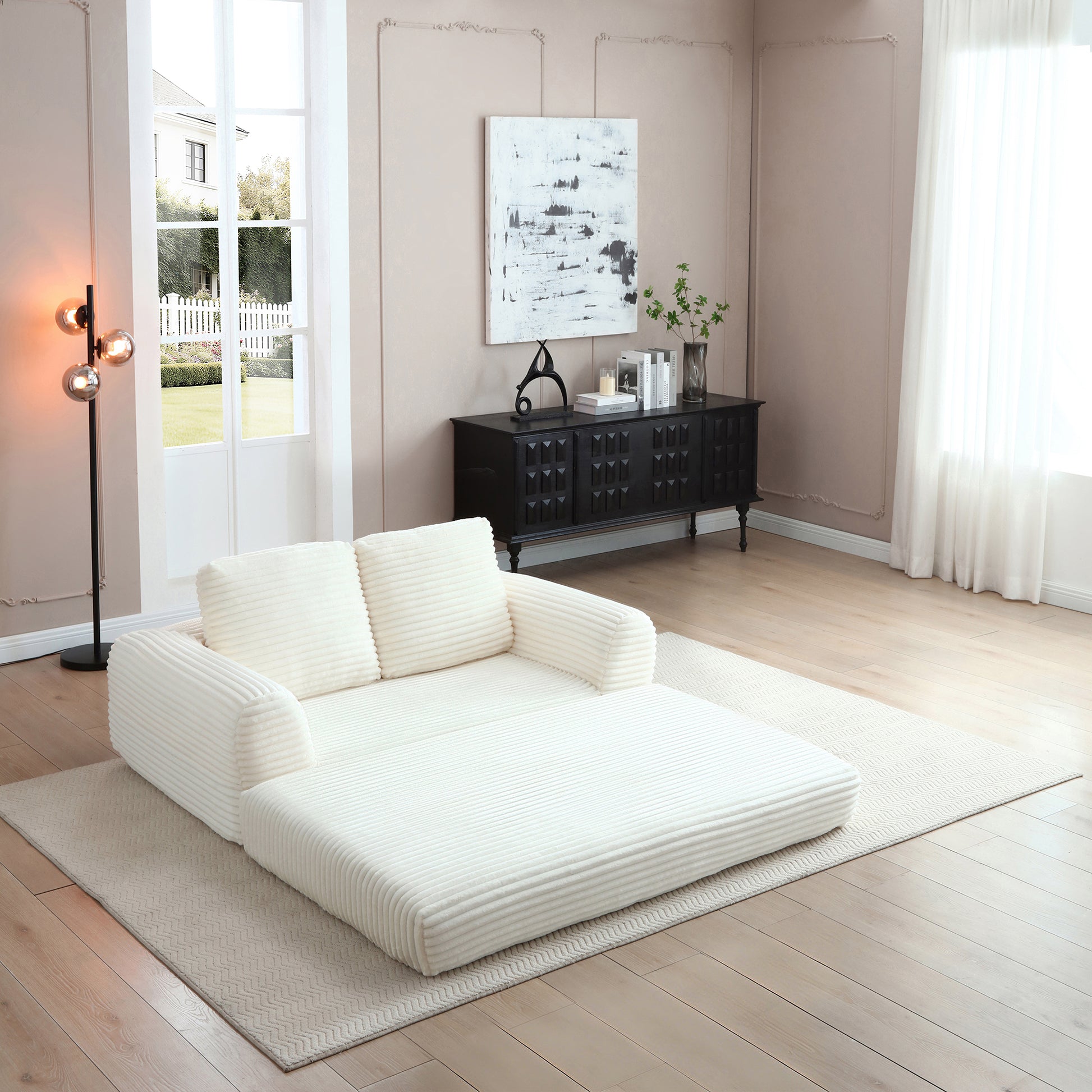 2-in-1 Folding Convertible Sofa Bed, Modern Corduroy Sleeper Couch with 2*pillows, Futon Modular Upholstered Boneless Loveseat with Pull-Out Bed,Folding Floor Modular Couch for Living Room Beige image 4