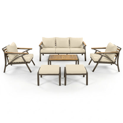 6-Piece Outdoor Patio Furniture Set, Steel Frame Sofa Set with 3-Seat Couch, 2 Armchairs, 2 Ottomans & Acacia Wood Coffee Table, Cushioned Seating for Backyard, Garden, Poolside, Beige Cushion image 12