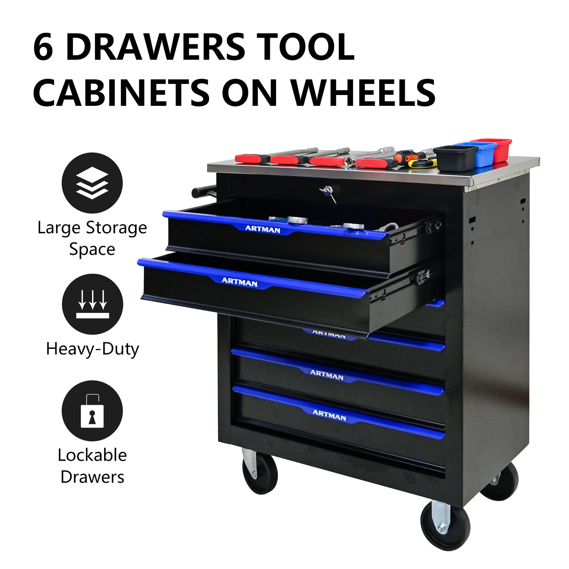 6 DRAWERS MULTIFUNCTIONAL TOOL CART WITH WHEELS-BLACK&BLUE image 4
