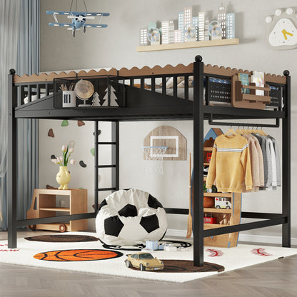 Queen Size Loft Bed with Ladders, Metal Loft Bed with Storage Shelves and bookshelf, No Box Spring Needed and Chic Design, Black image 1
