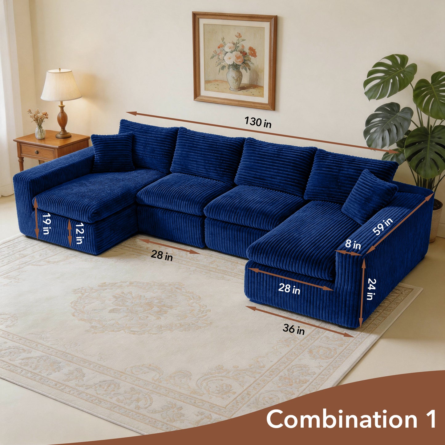 Modular Sectional Cloud Couch for Living Room - 130" Modular U Shaped Sectional Couch, No Assembly Compression Sofas, Comfy Floor Sofa with Memory Foam,Blue image 3