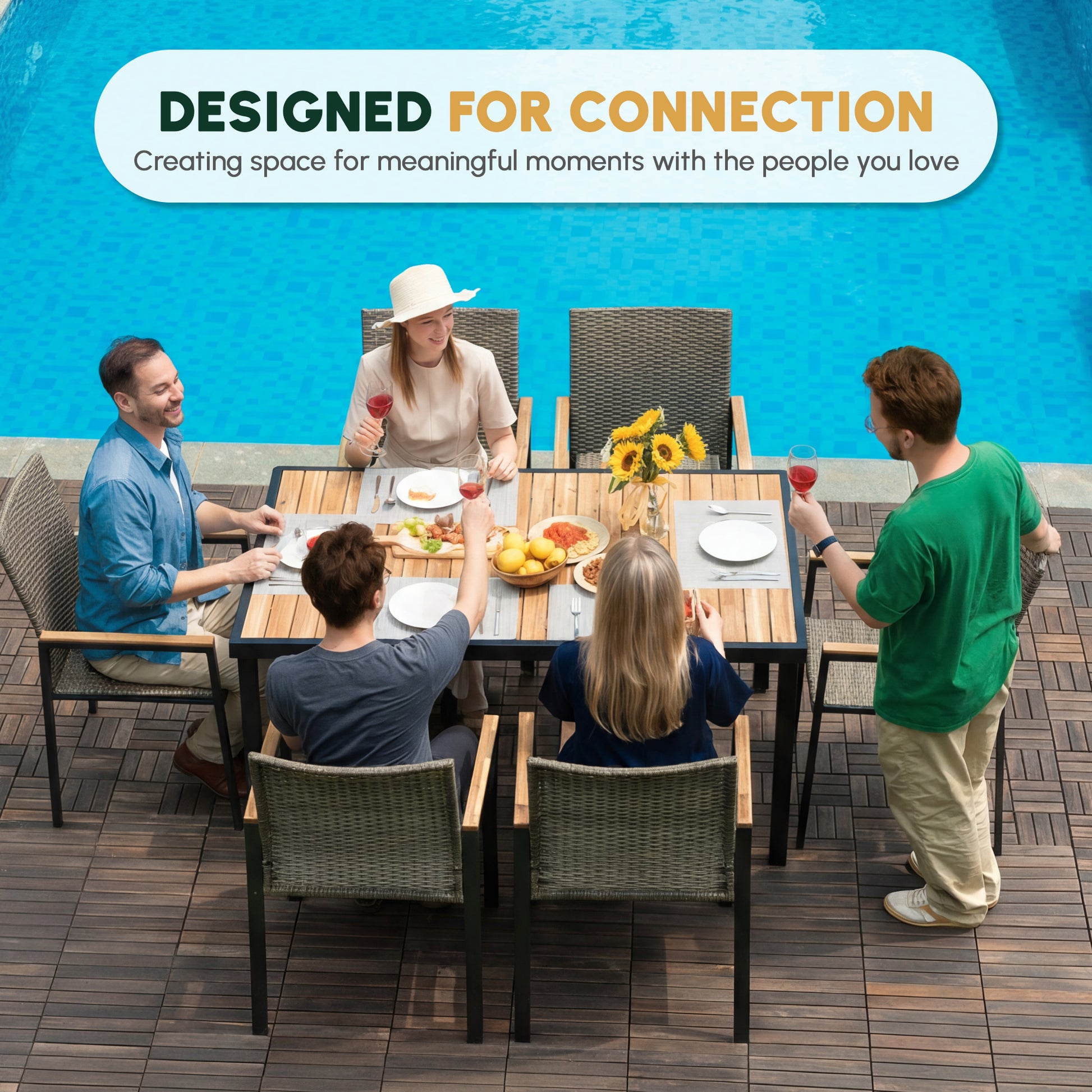 All Weather 7-Piece Patio Dining Table Sets, Patio Conversation Set Acacia Wood Table Top with Umbrella Hole, Rattan Outdoor, Brown Gray Color image 7