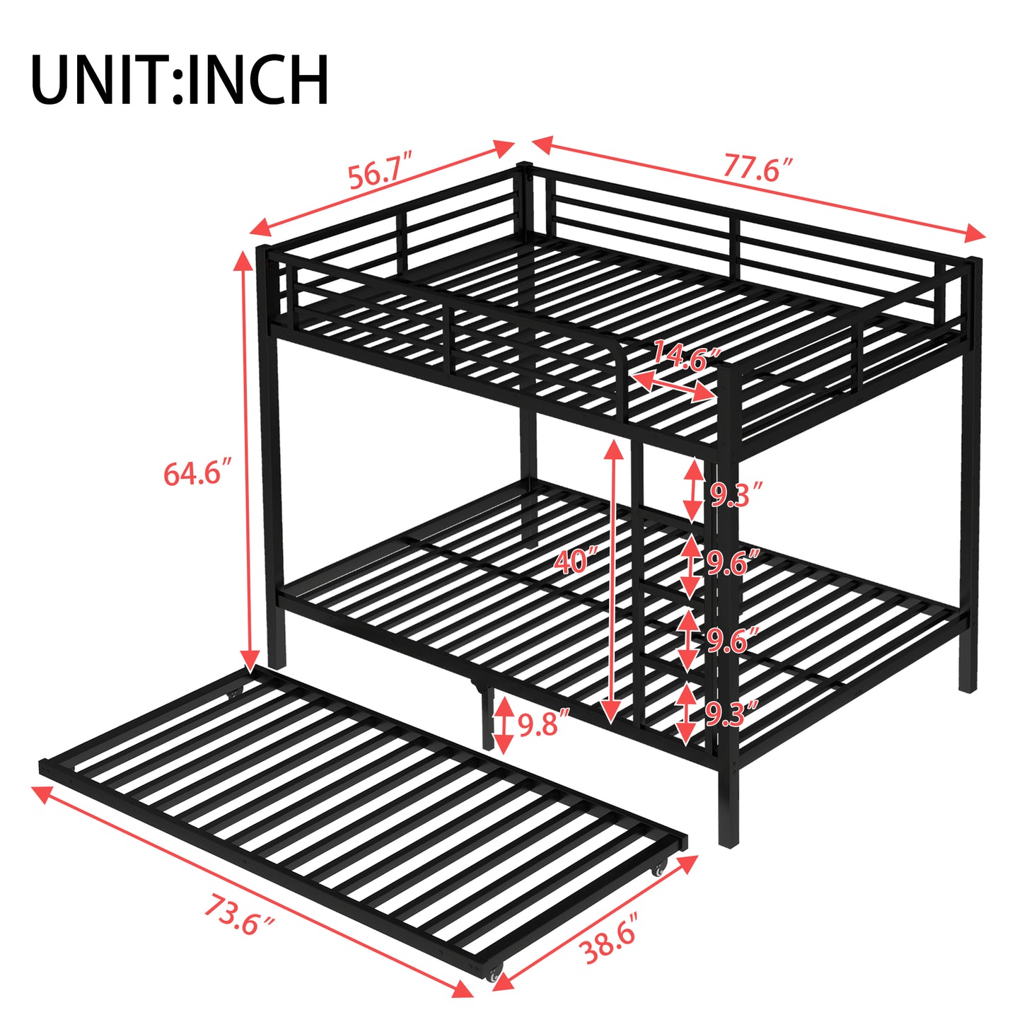 Full over Full Metal Bunk Bed with Twin Size Trundle, Black image 4