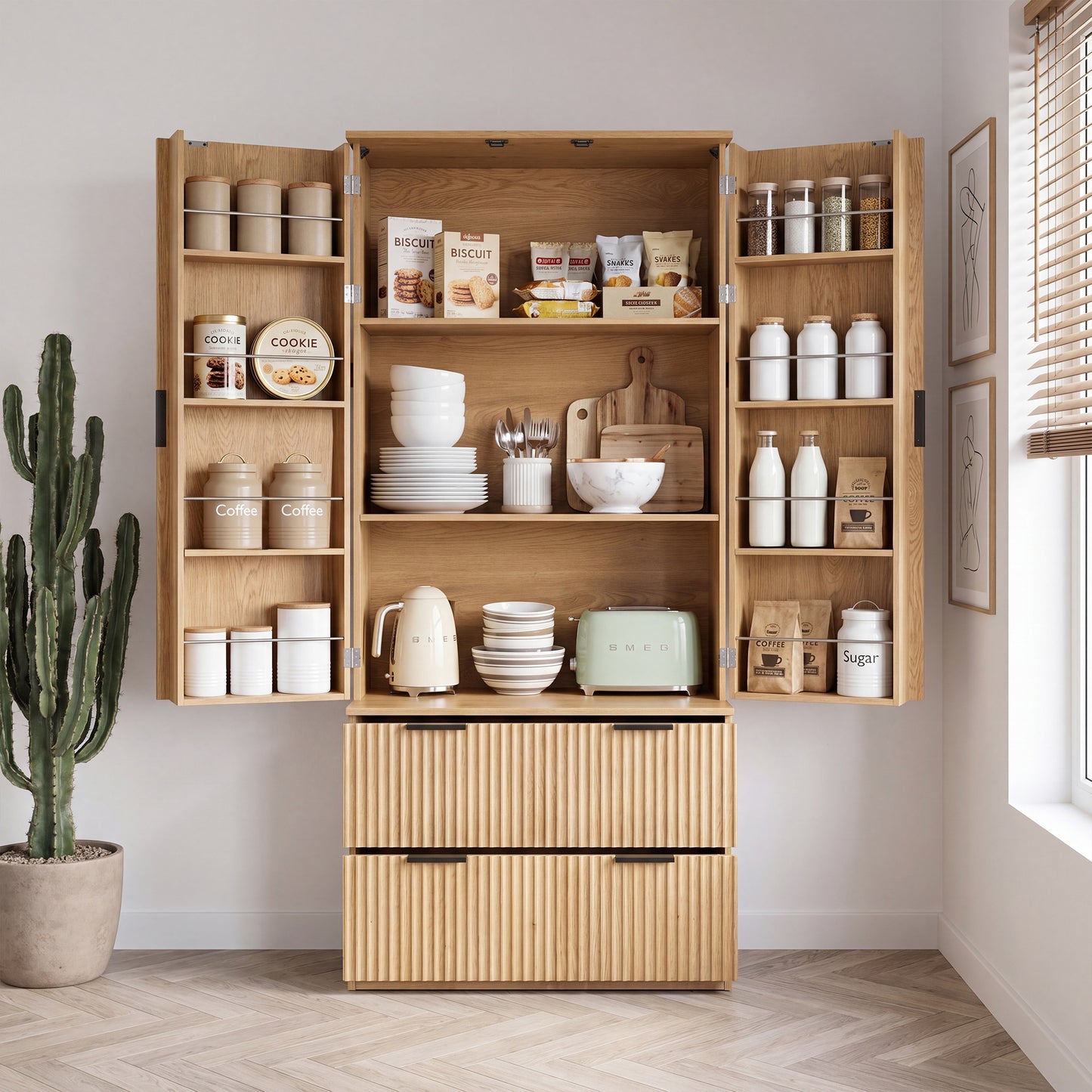 72" Modern Fluted Kitchen Pantry Cabinet with 2 Large Drawers & 8-Door Spice Rack, Freestanding Storage Organizer for Bathroom, Dining Room, Office, Entryway, Oak image 2