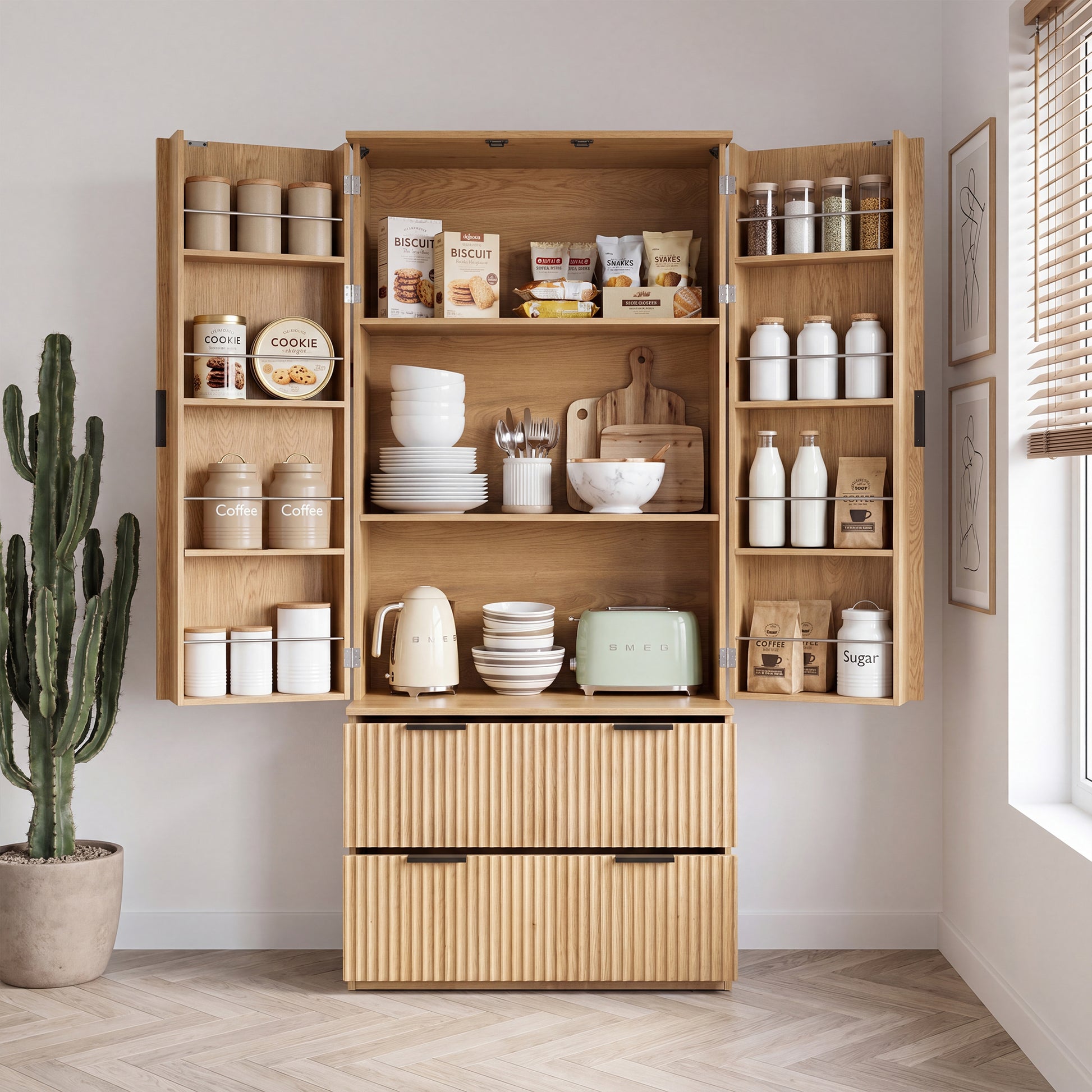 72" Modern Fluted Kitchen Pantry Cabinet with 2 Large Drawers & 8-Door Spice Rack, Freestanding Storage Organizer for Bathroom, Dining Room, Office, Entryway, Oak image 2